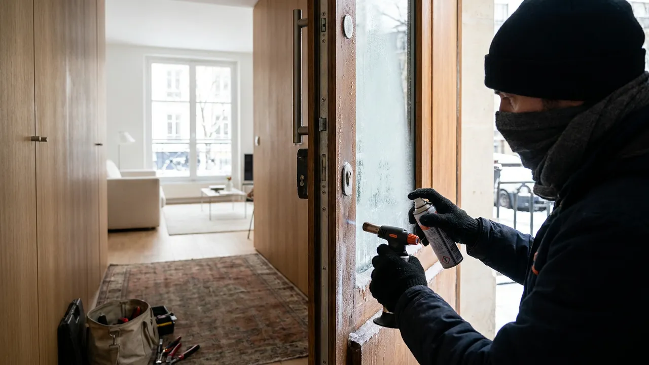Serrurier dégrippant le cylindre gelé d'une porte de cour intérieure dans un immeuble de Paris 1er